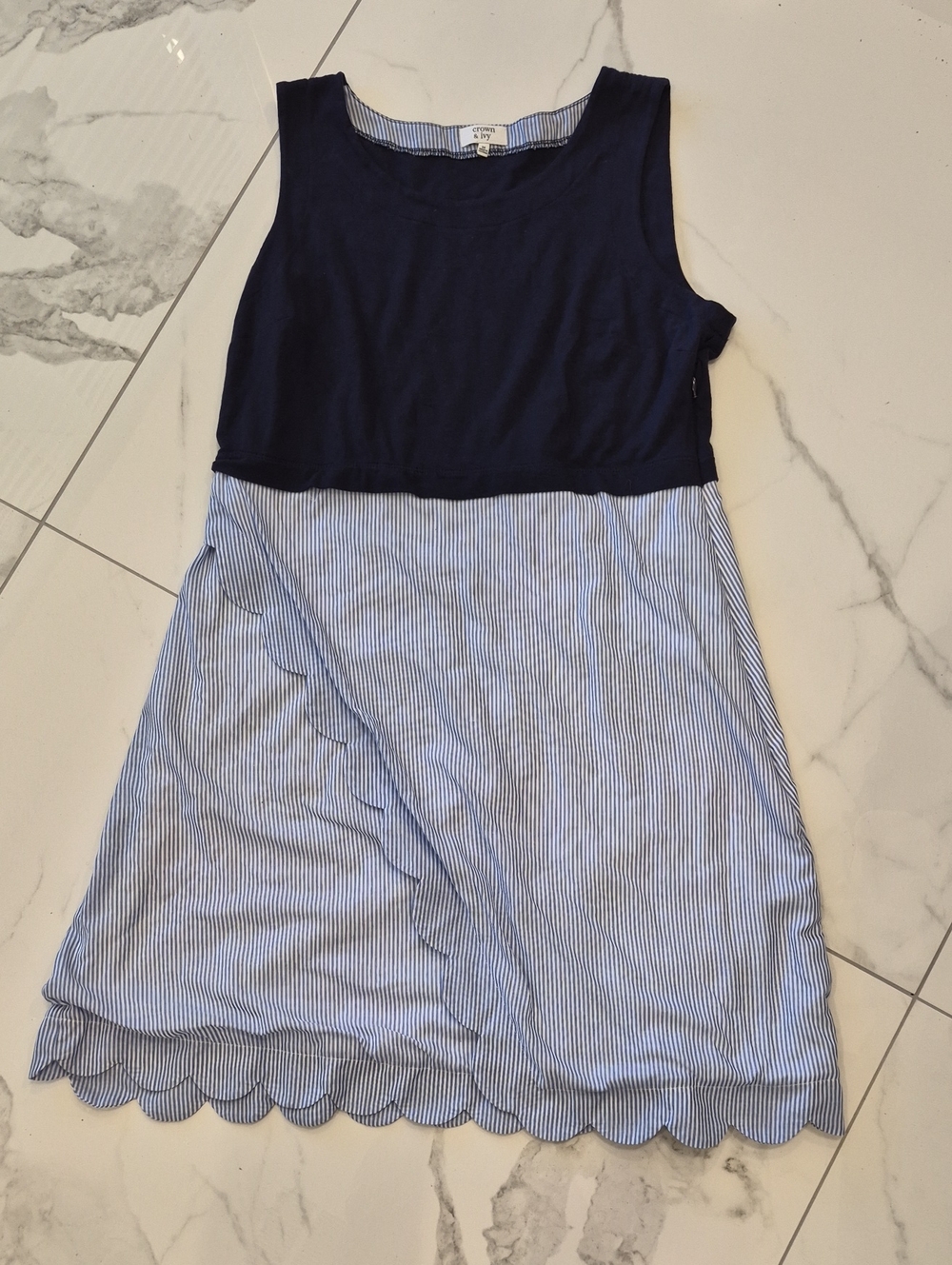 crown & ivy Navy with Light Blue Pinstriped Scallop Dress Nwot